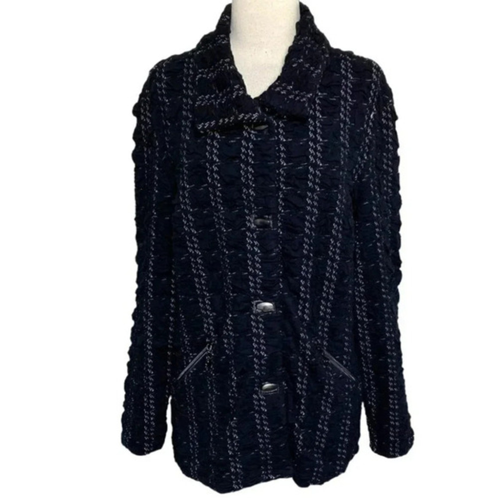 Samuel Dong Jacket Size M Black White Textured Stripe Button Front Collared